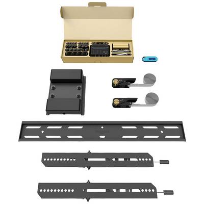 Montagekit für TV-Wandhalterung mit Schraubenbox, Halterungen, Werkzeug und Halteschienen; Anleitung liegt bei.