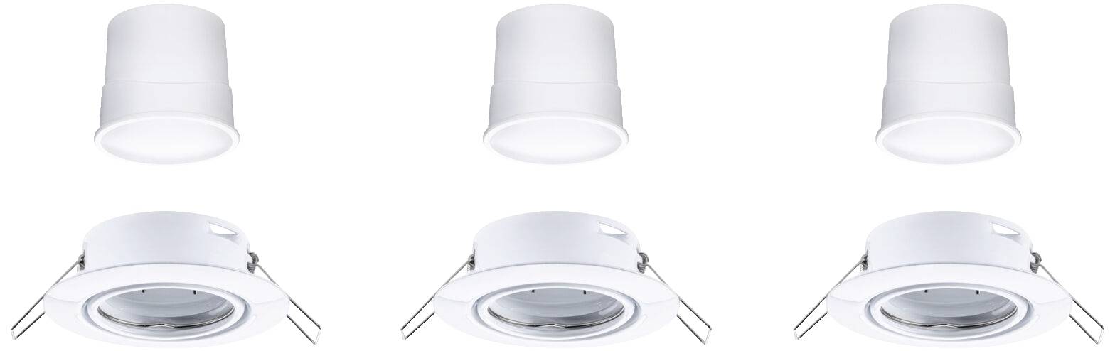'Drei weiße zylindrische LED-Lampen von oben und ihre Deckenhalterungen von vorne gezeigt.'