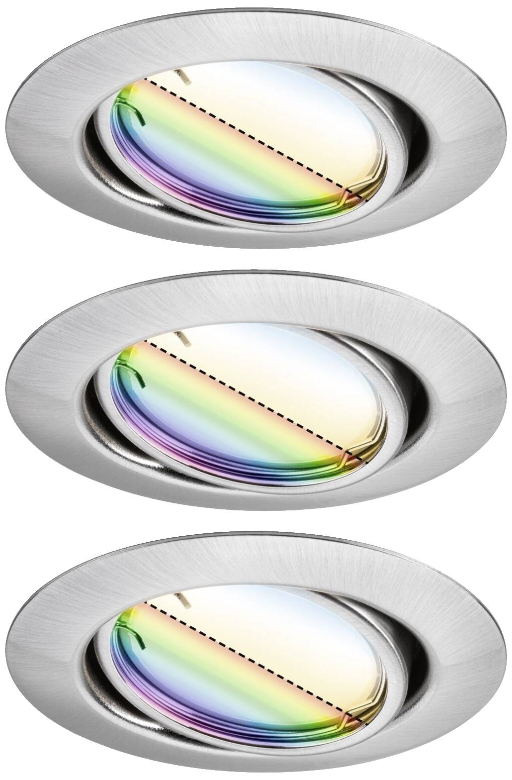'Drei runde Leuchten mit Regenbogenfarbenreflexionen auf der Oberfläche, angeordnet in einer vertikalen Linie.'