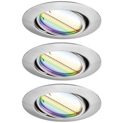 'Drei runde Leuchten mit Regenbogenfarbenreflexionen auf der Oberfläche, angeordnet in einer vertikalen Linie.'