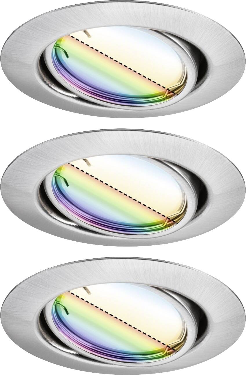 Drei silberne, runde Einbauleuchten mit schwenkbaren, bunten Linseneinsätzen, die ein Regenbogenspektrum zeigen.