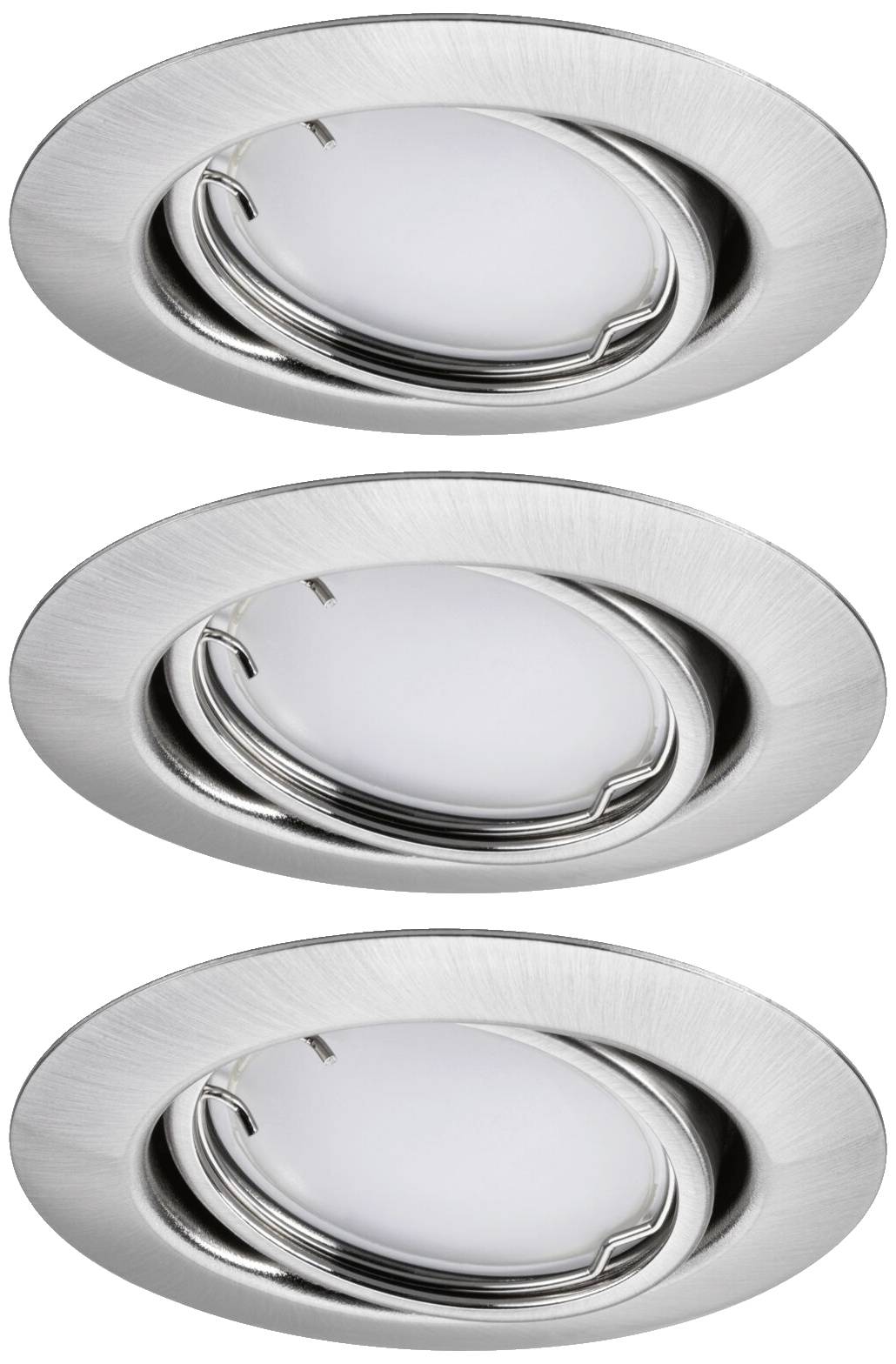 Drei silberne Einbau-Deckenspots mit schwenkbaren runden Rahmen, auf weißen Hintergrund.