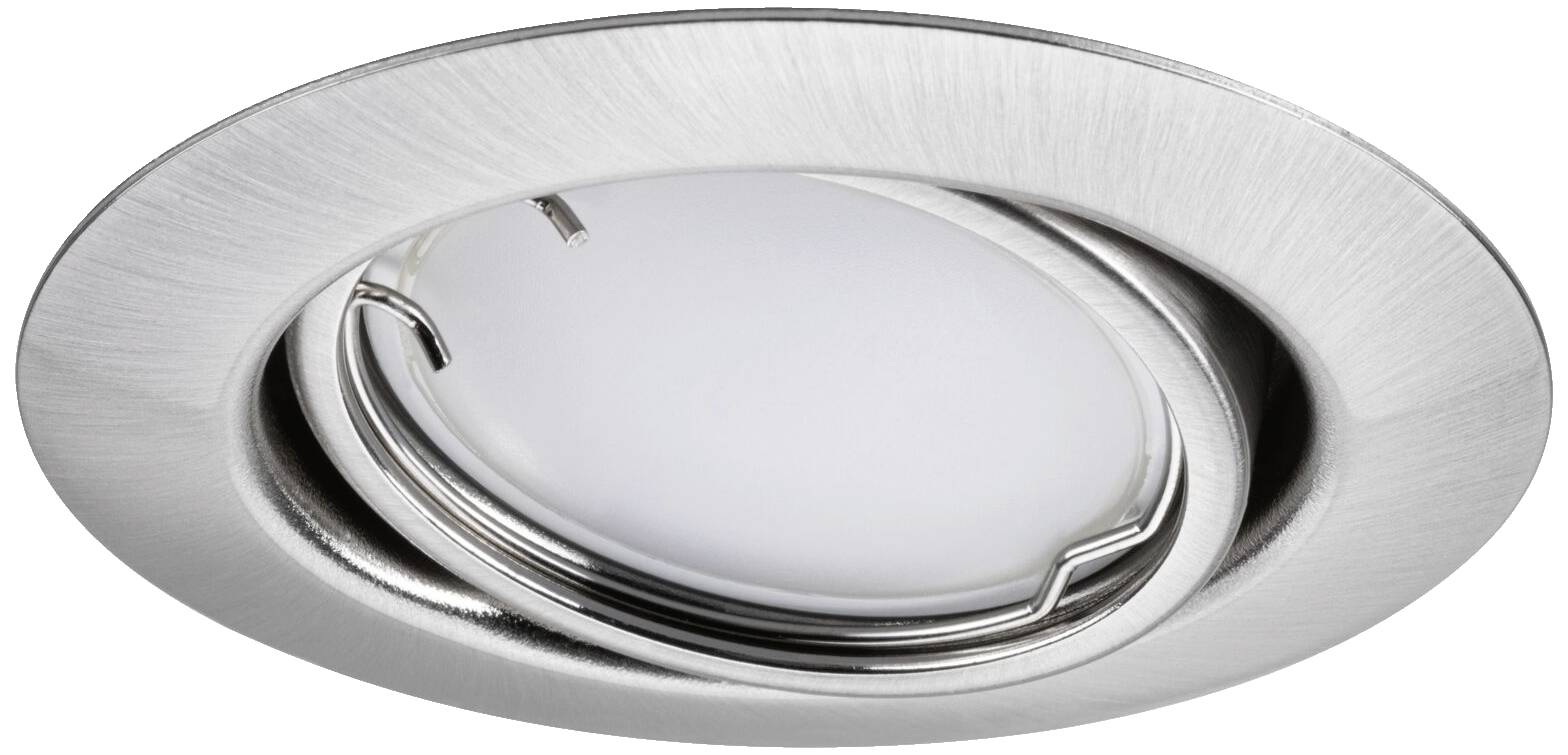 Einbau-Spotlicht aus gebürstetem Metall mit rundem Rahmen und schwenkbarem, verstellbarem Leuchtmittel im Zentrum.