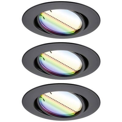 Drei runde, schwarze Einbaulampen mit irisierenden, regenbogenfarbenen Sichtfenstern, gleichmäßig in vertikaler Linie angeordnet.