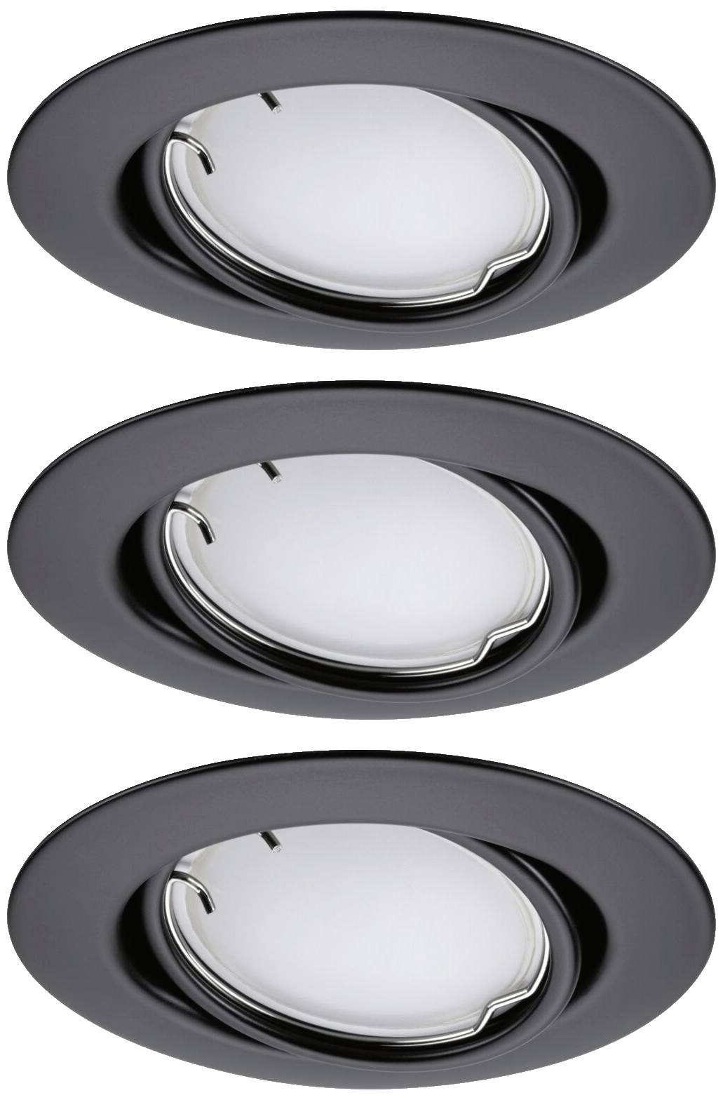 Drei schwarze Deckenstrahler in runder Form, angeordnet in einer vertikalen Reihe. Sie sind symmetrisch und reflektieren Licht.