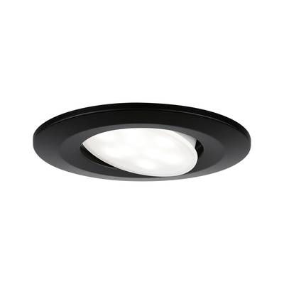 Eine runde, schwarze LED-Deckenleuchte mit modernem Design. Sie ist flach und strahlt diffuses weißes Licht aus.