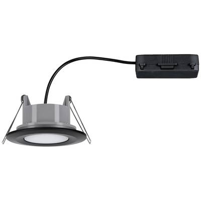 Runde LED-Einbauleuchte mit schwarzem Rand, Metallhalterungen und Anschlusskabel, geeignet für Deckenmontage.