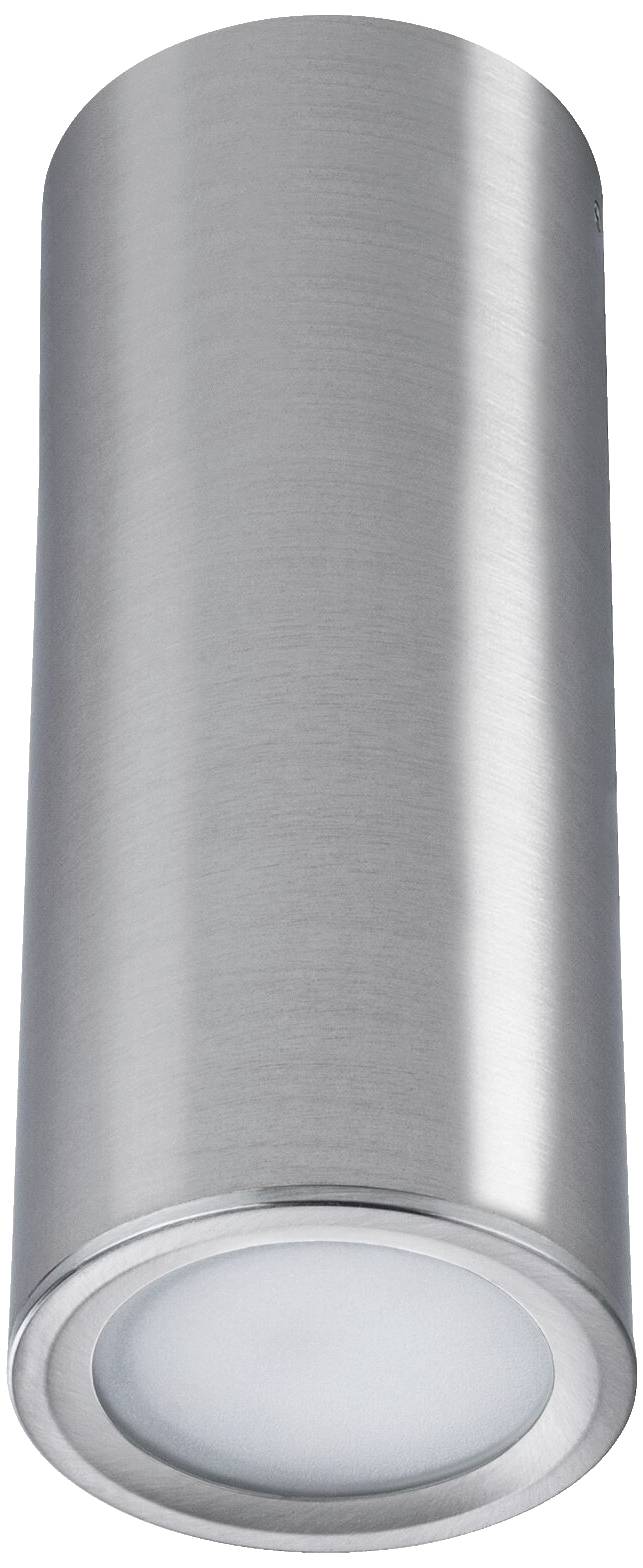 Zylinderförmige Metall-Wandlampe mit silbernem Finish und opalem Diffusor an der Unterseite.