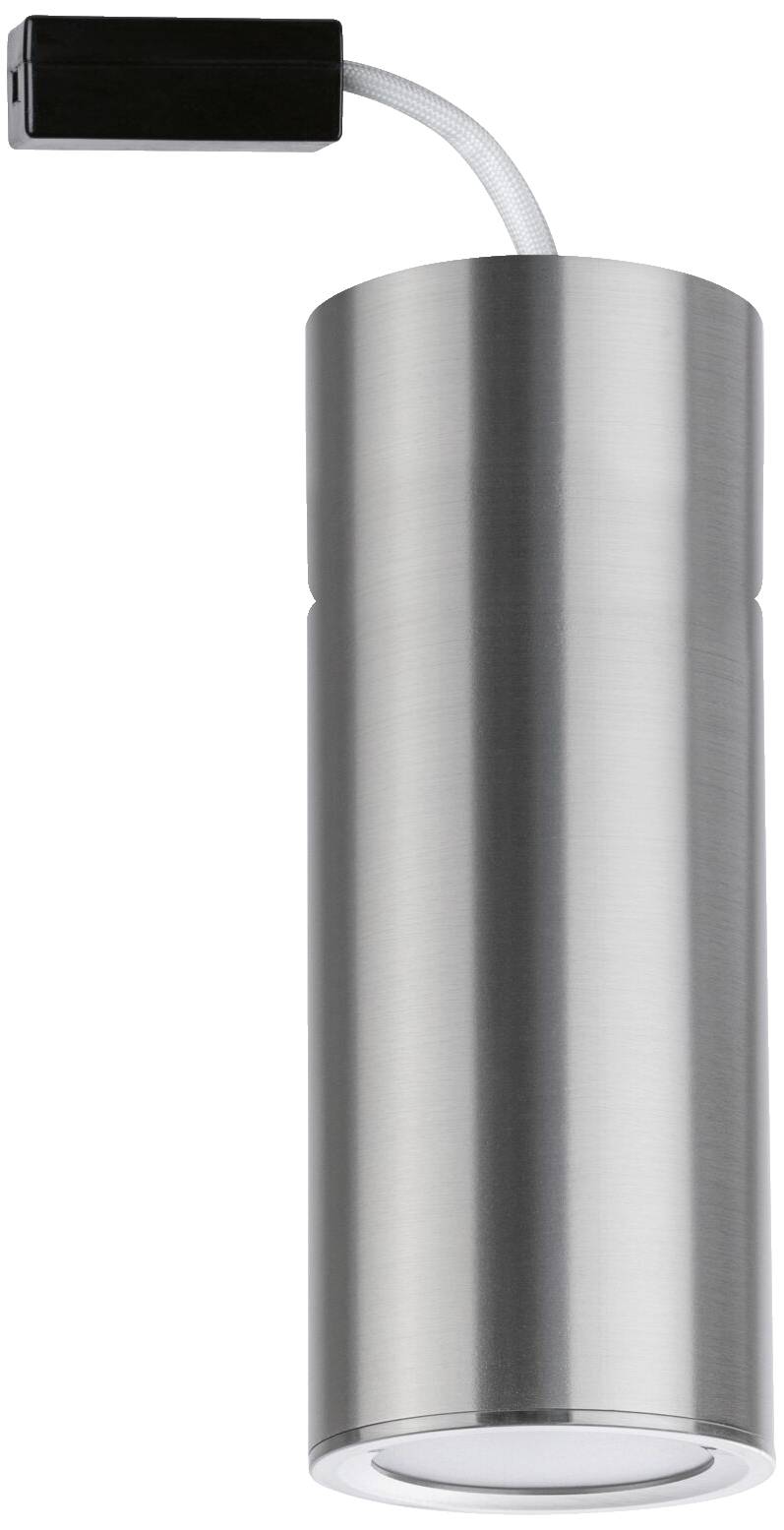 Silberne zylindrische Deckenleuchte mit schwarzer Montageplatte und Kabel oben. Moderne, minimalistische Beleuchtungsoption.