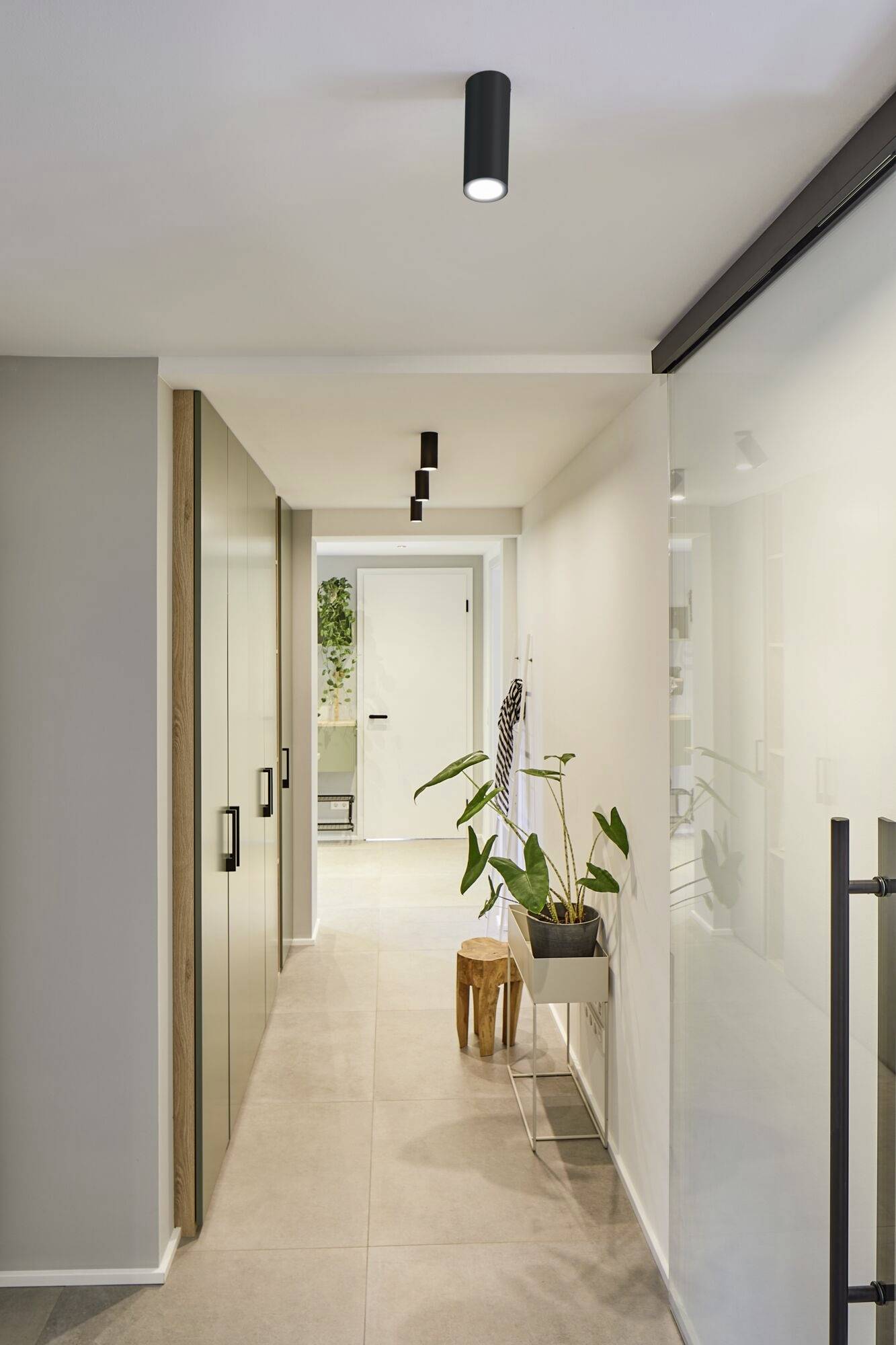 Flur eines modernen Hauses mit hellen Wänden, einer Holzbank und Pflanzen. Der Boden ist aus Fliesen, an der Decke befinden sich schwarze Lampen.