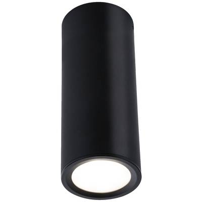 Schwarze zylindrische Deckenlampe mit starkem Lichtstrahl nach unten. Ideal für moderne Innenausstattung.