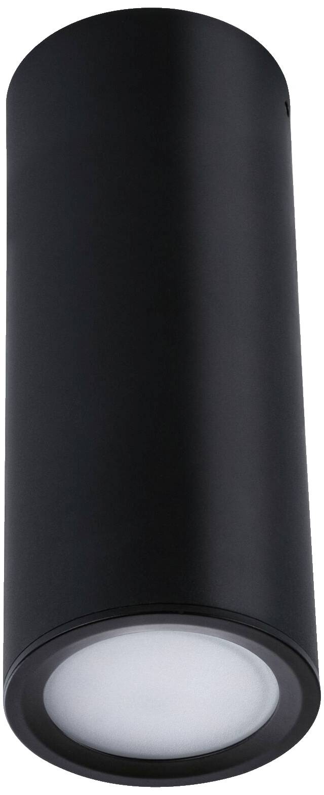 Eine schwarze zylindrische Deckenleuchte mit einer hellen LED im unteren Bereich.