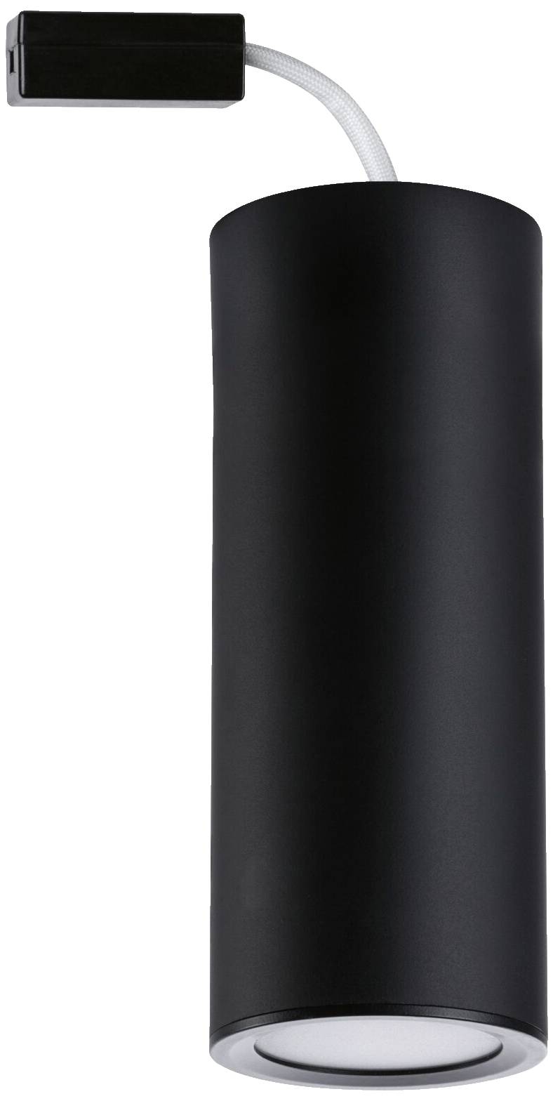 Schwarze zylindrische Lampe mit einem weißen Kabel, das oben herausragt; modernes Design, für Deckenbeleuchtung geeignet.