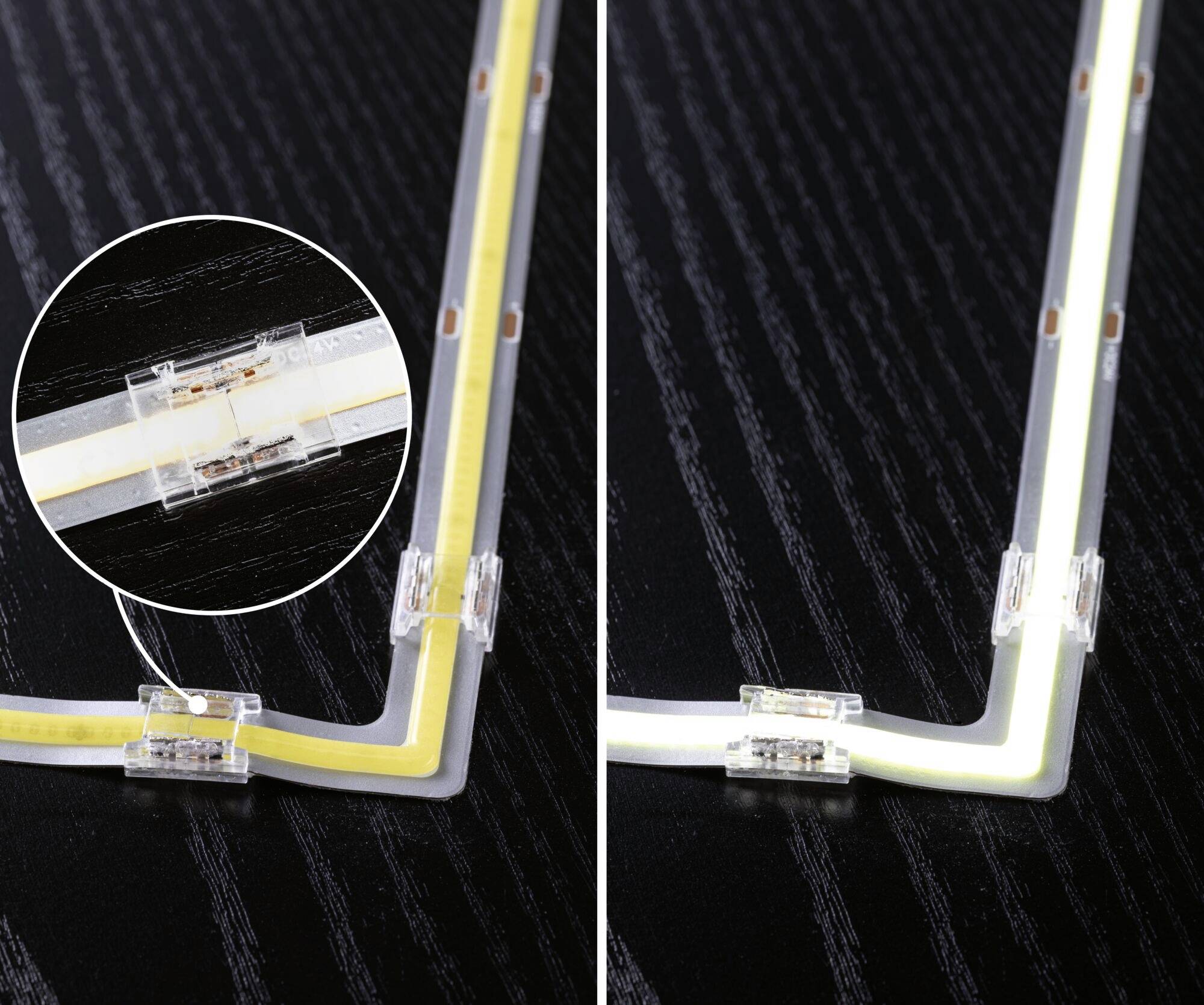Zwei Bilder eines LED-Streifens auf dunklem Holz. Links gelb leuchtend im Detail, rechts weiß leuchtend im Überblick.
