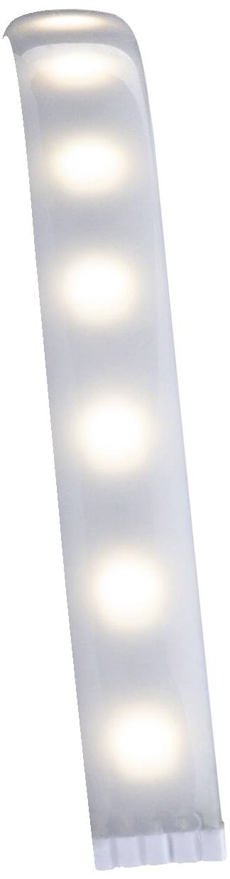 Eine leuchtende LED-Leiste mit fünf gleichmäßig verteilten, hellen Lichtern.