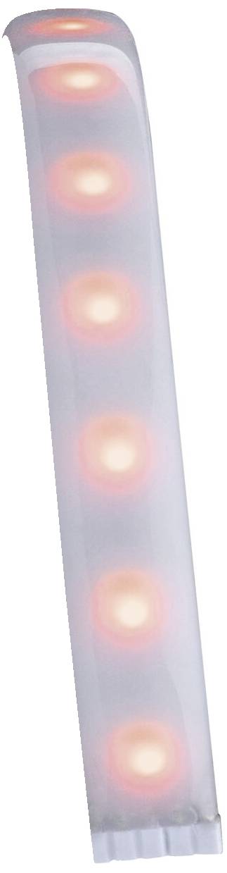Ein weißes Leuchtband mit sechs orange leuchtenden LEDs in gleichmäßigen Abständen platziert.