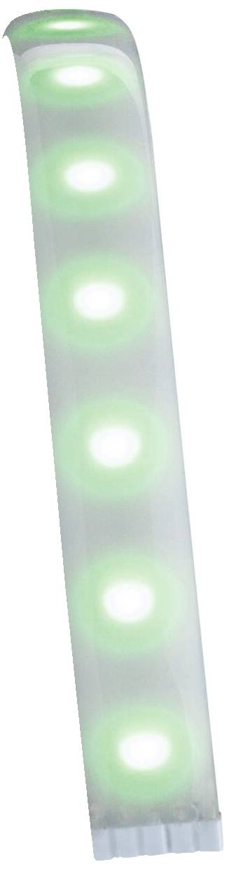 Eine lange, transparente LED-Leiste mit fünf leuchtenden grünen Lichtern, die in einer Reihe angeordnet sind.