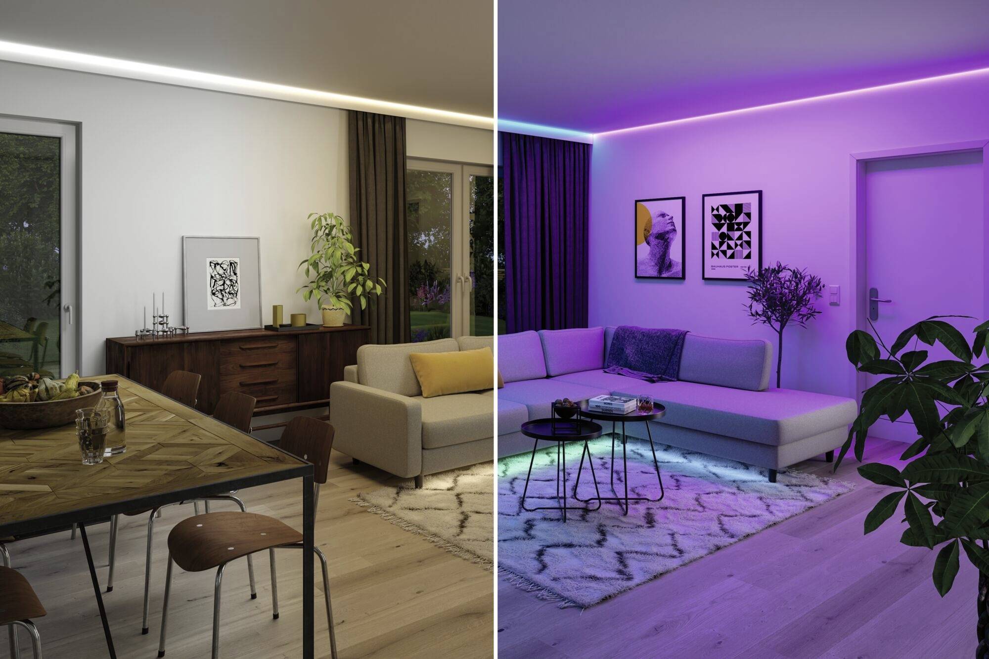 Wohnzimmer bei Tag und Nacht: Linke Seite mit natürlichem Licht, rechte Seite mit farbigem, lila LED-Licht für stimmungsvolle Beleuchtung.