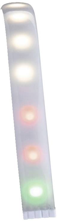 Lichterstreifen mit fünf runden Lichtern: drei weiße, ein rotes, ein grünes; Anordnung von oben nach unten.