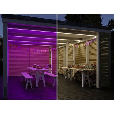 Ein Außenbereich bei Dämmerung zeigt links lila LED-Beleuchtung, rechts warmgelbes Licht. Darunter Bänke und Tische mit Partydekoration.
