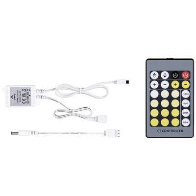 Ein Controller-Set umfasst eine Kontrollbox, Kabel und eine Fernbedienung. Die Fernbedienung hat Tasten für Geschwindigkeit, Lichtmodi und An/Aus.
