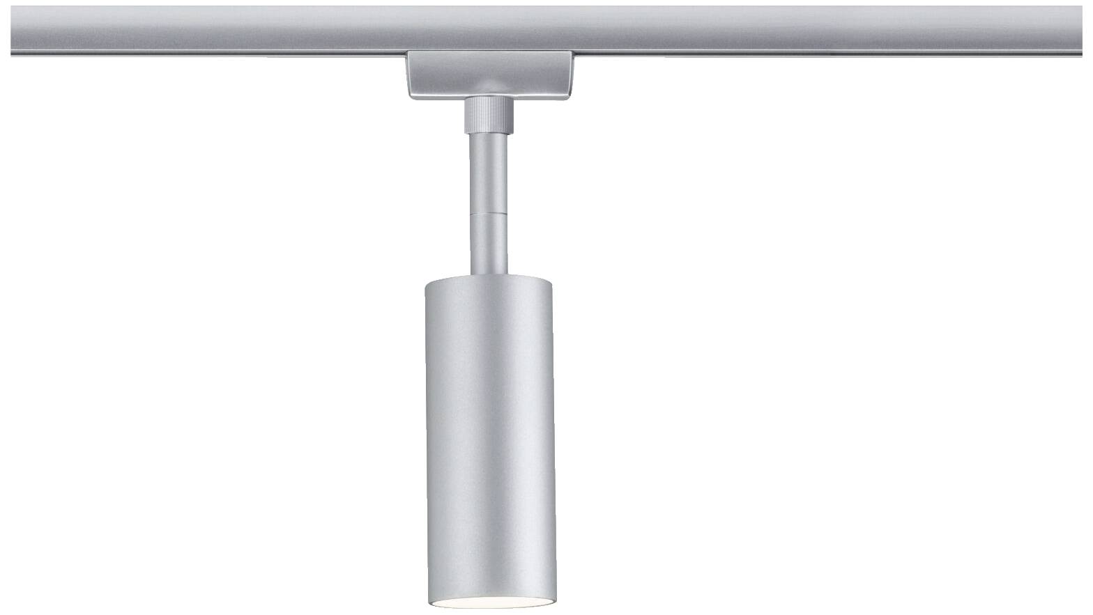 Silberne Deckenleuchte mit zylindrischem, verstellbarem Spot, montiert an einer eleganten Schiene. Ideal für gezielte Beleuchtung.
