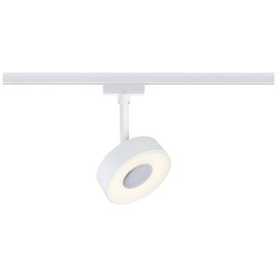 Eine moderne, weiße LED-Deckenleuchte in zylindrischer Form, an einer Schiene montiert, strahlt warmes Licht aus.