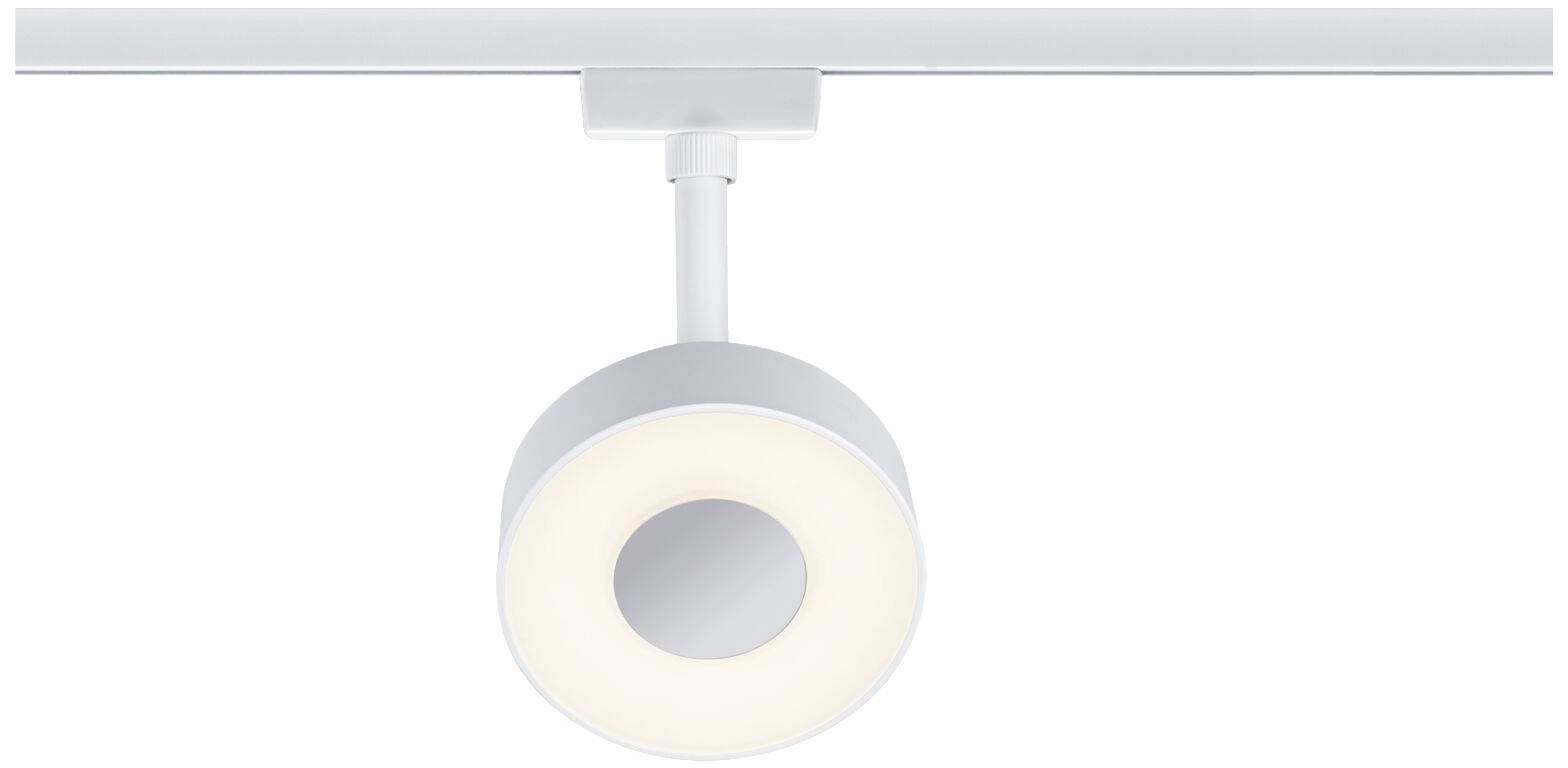 Einzelne LED-Deckenleuchte in modernem Design, montiert an einer Schiene, strahlt direktes Licht nach unten aus.