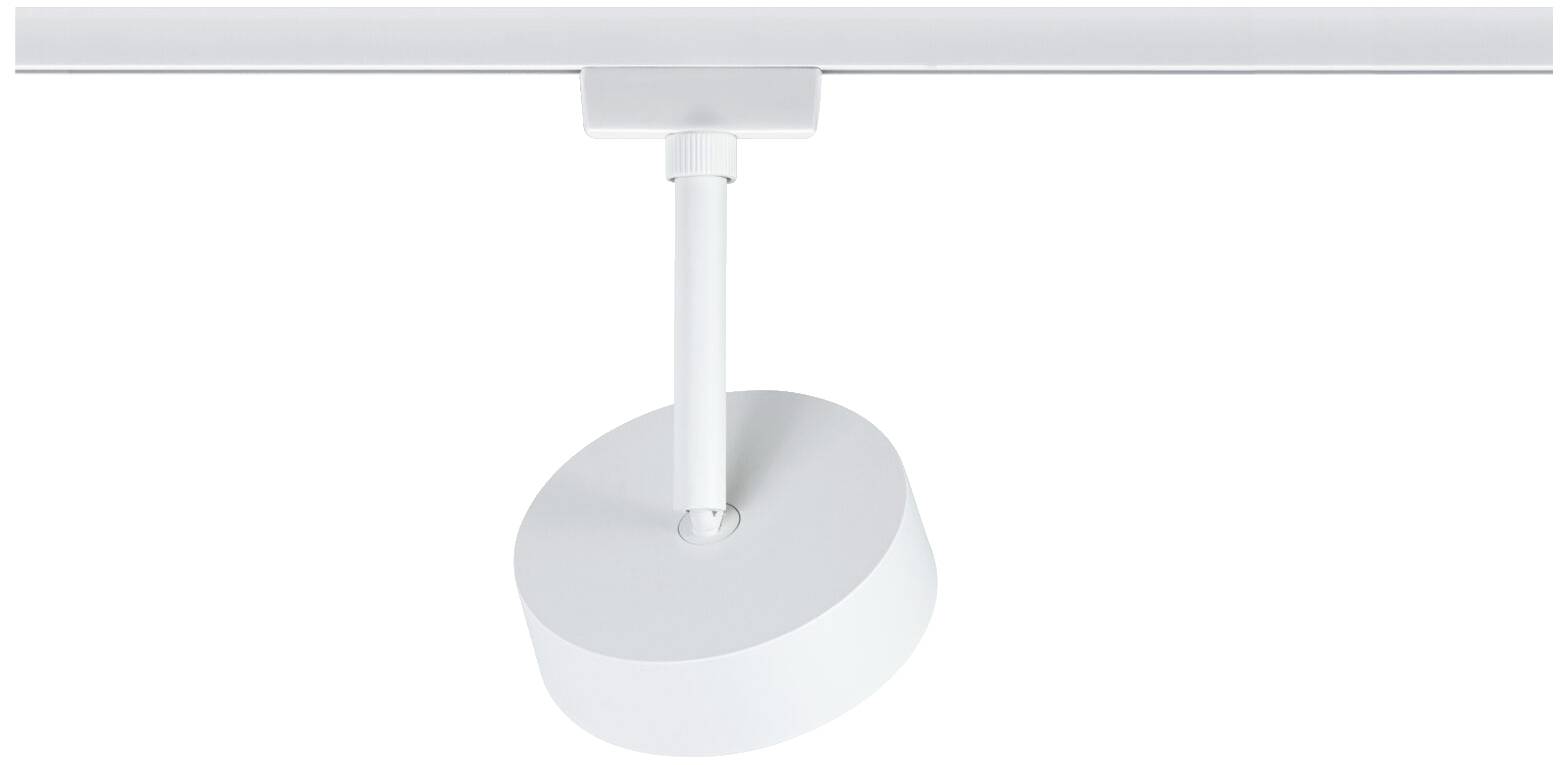 Weiße LED-Deckenschiene mit rundem Strahler, der nach unten gerichtet ist. Minimalistisches Design für moderne Innenräume.