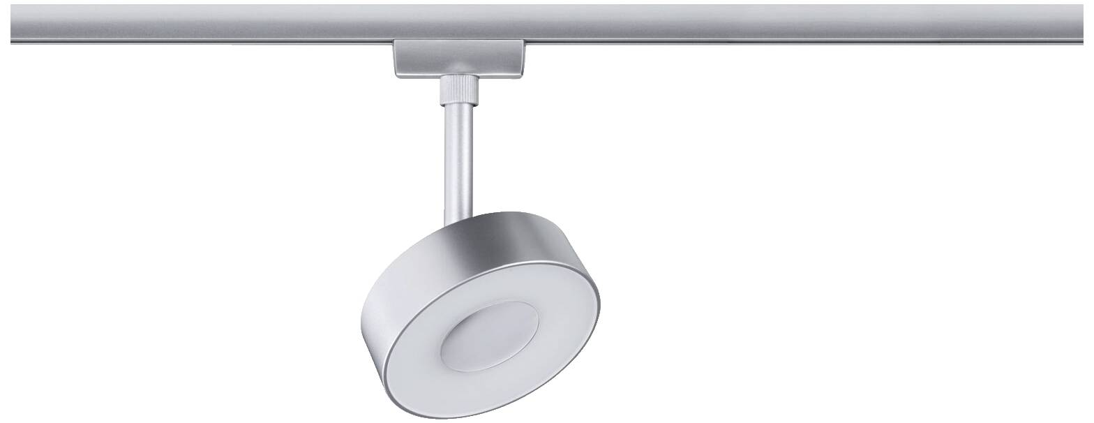 Eine silberne Deckenleuchte mit rundem Design hängt an einer Schiene.