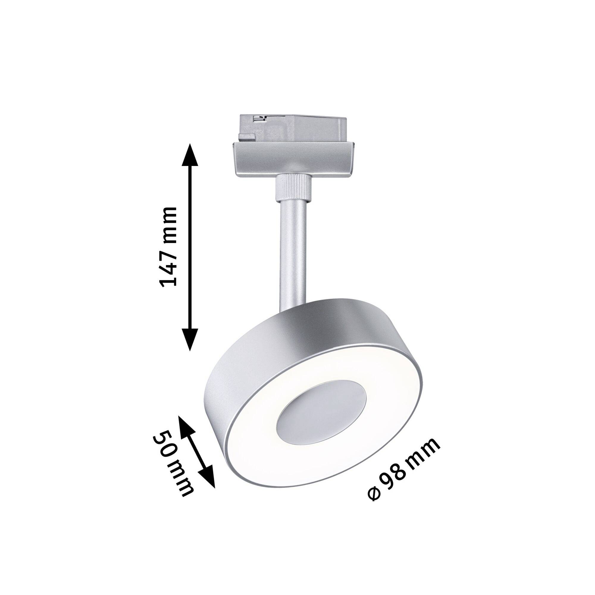 LED-Deckenspots mit zylindrischem Design. Maße: 147mm Gesamthöhe, 50mm Zylinderhöhe, 98mm Durchmesser. Silberfarben.