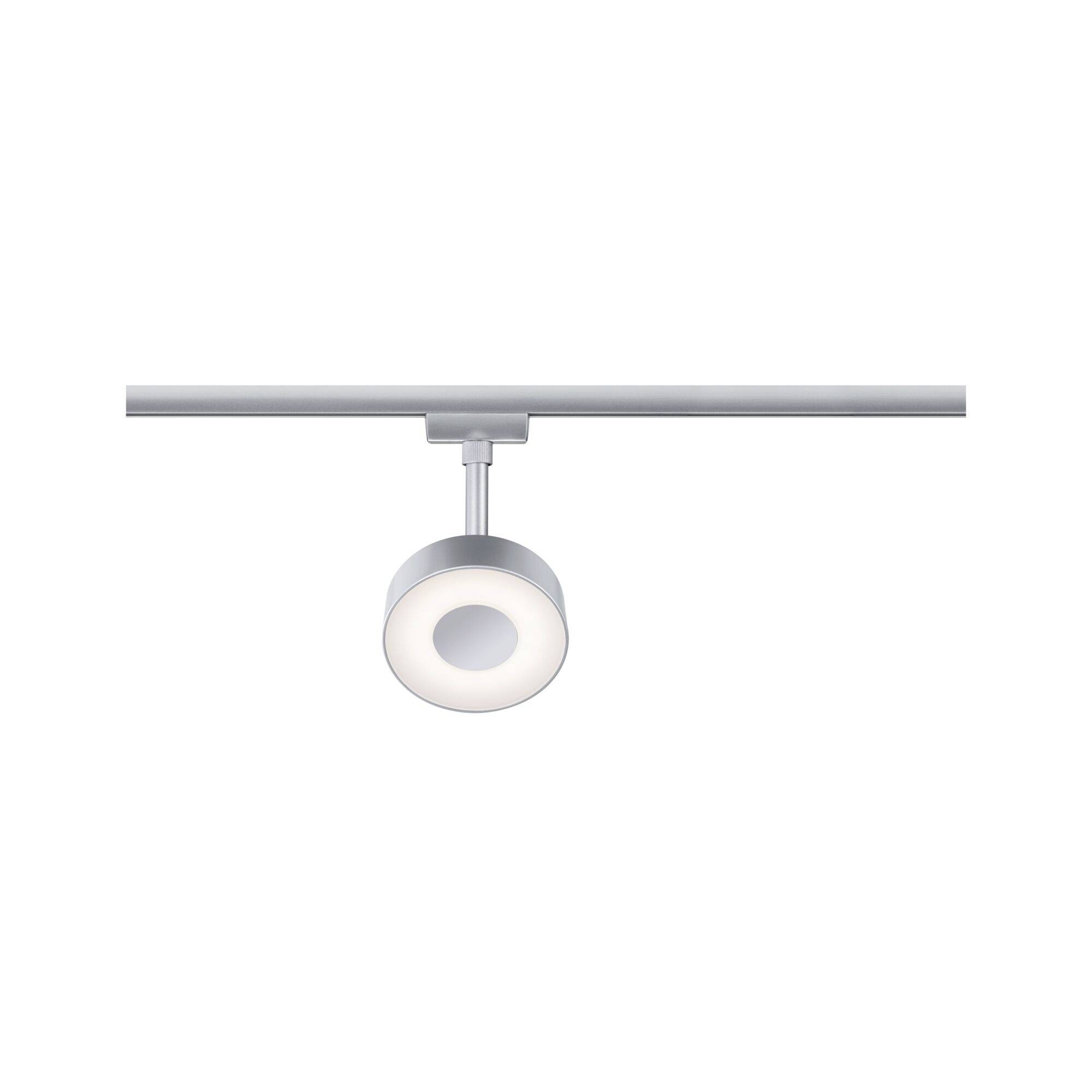 Runder LED-Spot an einer weißen Schiene montiert, leuchtet nach unten. Modernes Design, geeignet für zielgerichtete Beleuchtung in Innenräumen.