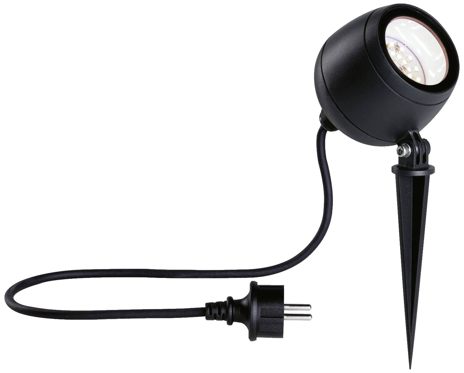 'Schwarze LED-Außenlampe mit Erdspieß und Stecker, passend für Garten- oder Wegbeleuchtung.'