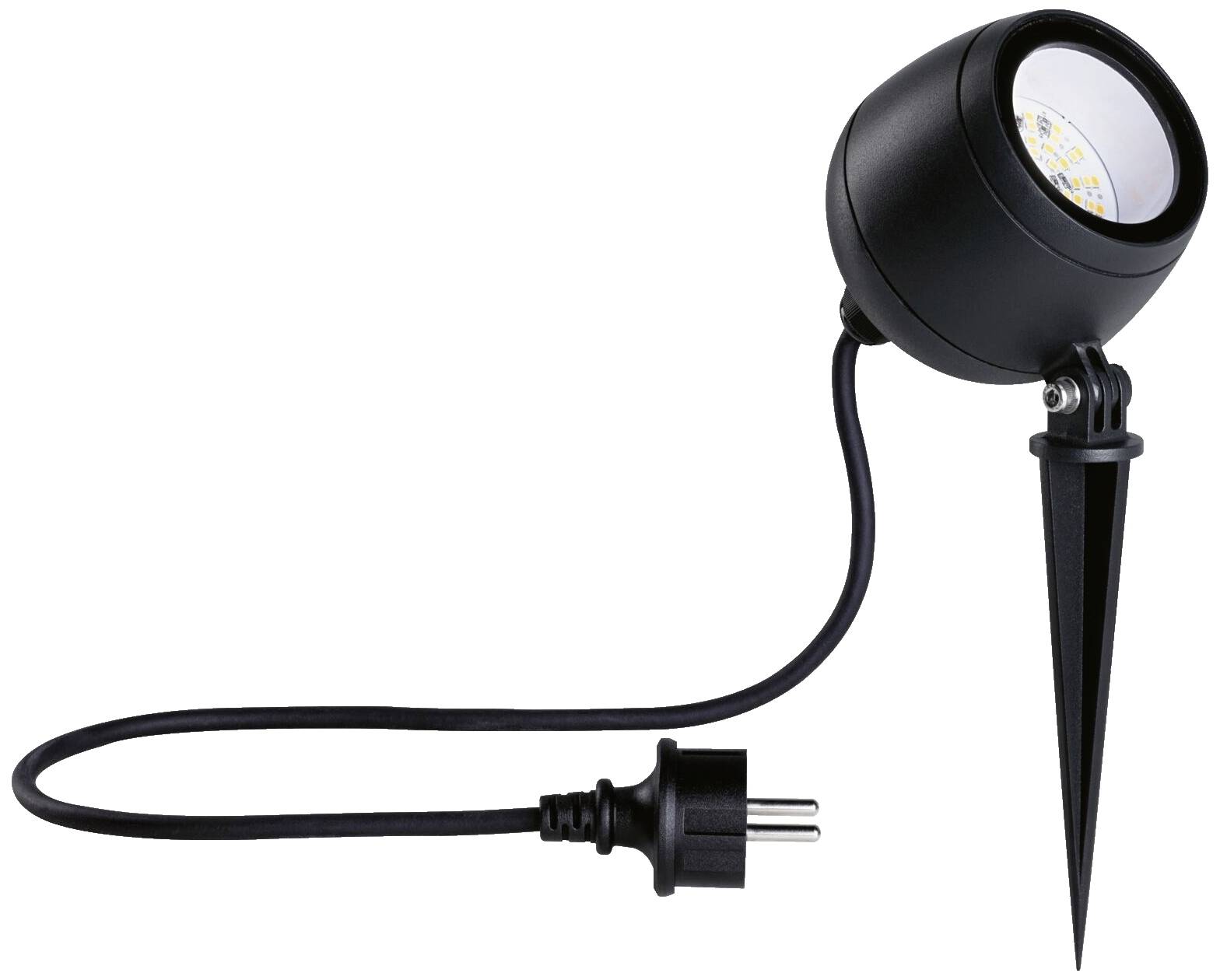 Schwarzer LED-Gartenstrahler mit Erdspieß und Stecker, geeignet für Außenbeleuchtung.