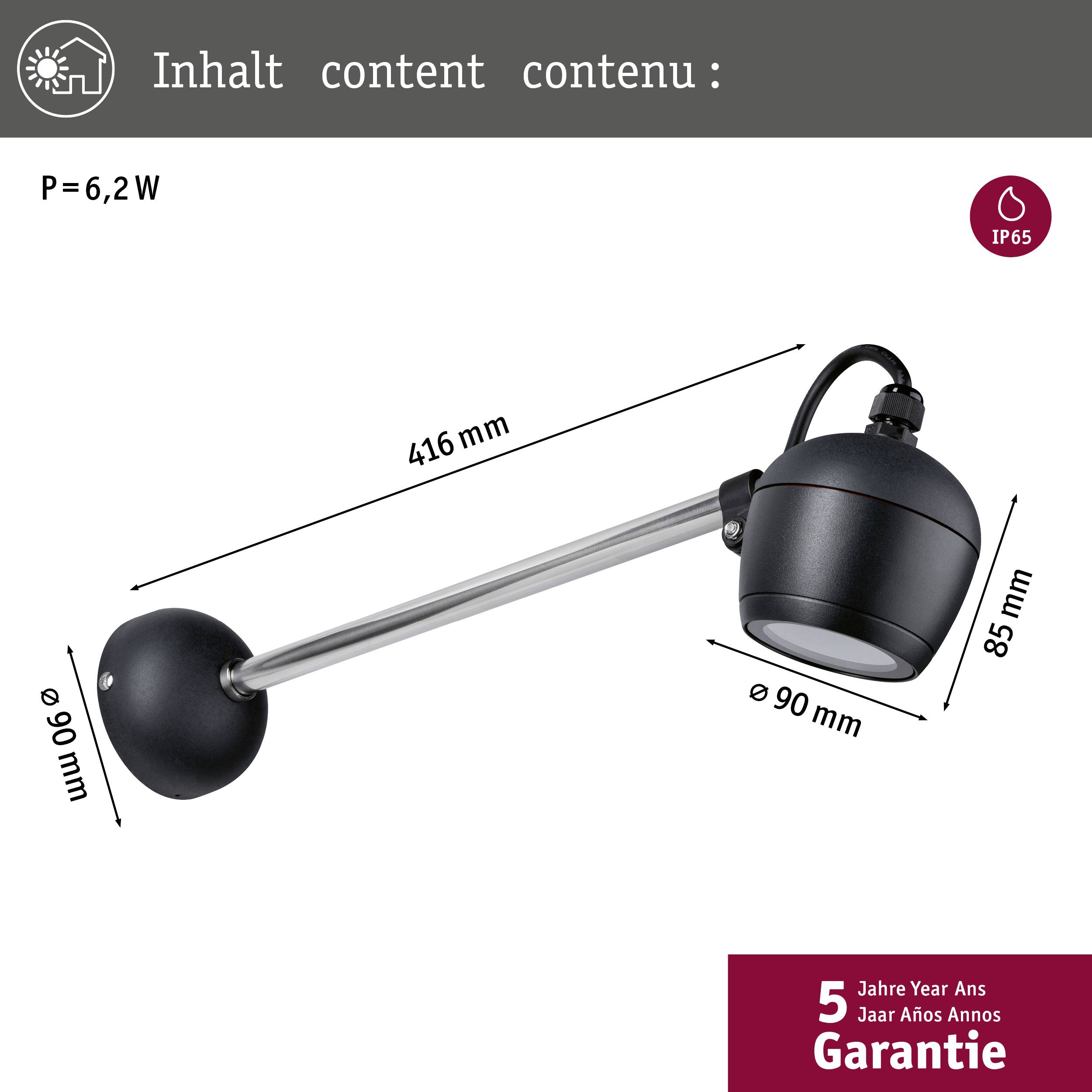 'Lampendesign mit IP65, 6,2 W; Maße: Arme 416 mm, Kopf 90 mm x 85 mm. 5 Jahre Garantie.'