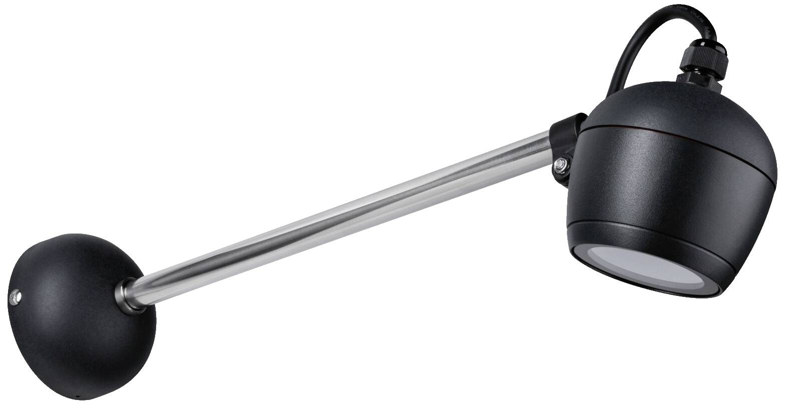 Eine schwarze, moderne Wandleuchte mit langem Silberarm und abgerundetem Kopf, ideal für zielgerichtete Beleuchtung in Innenräumen.