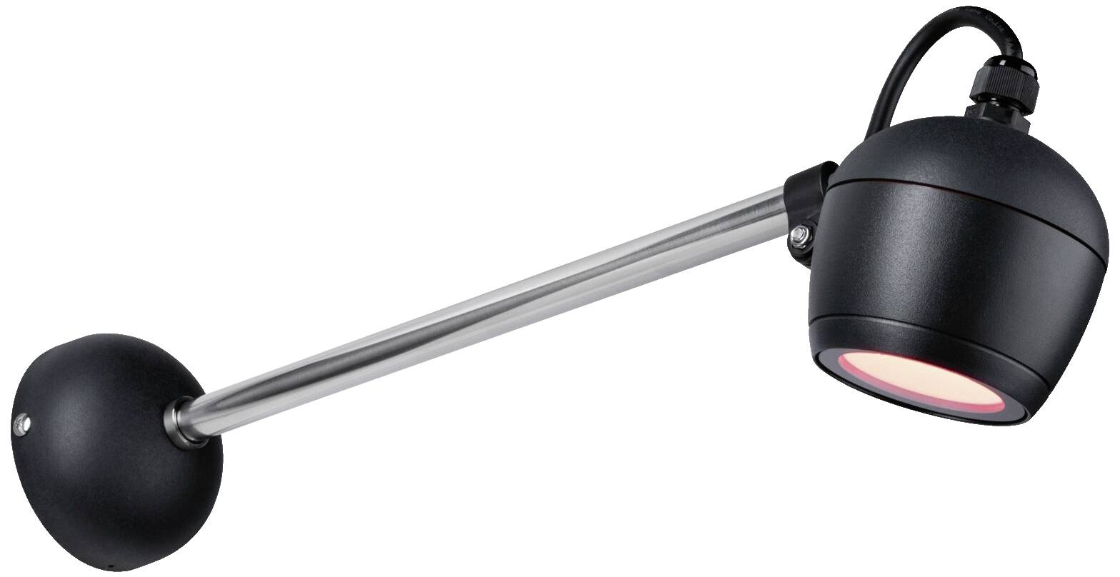 Schwarze Wandlampe mit langem Arm und runder Leuchte, Kabel oben.