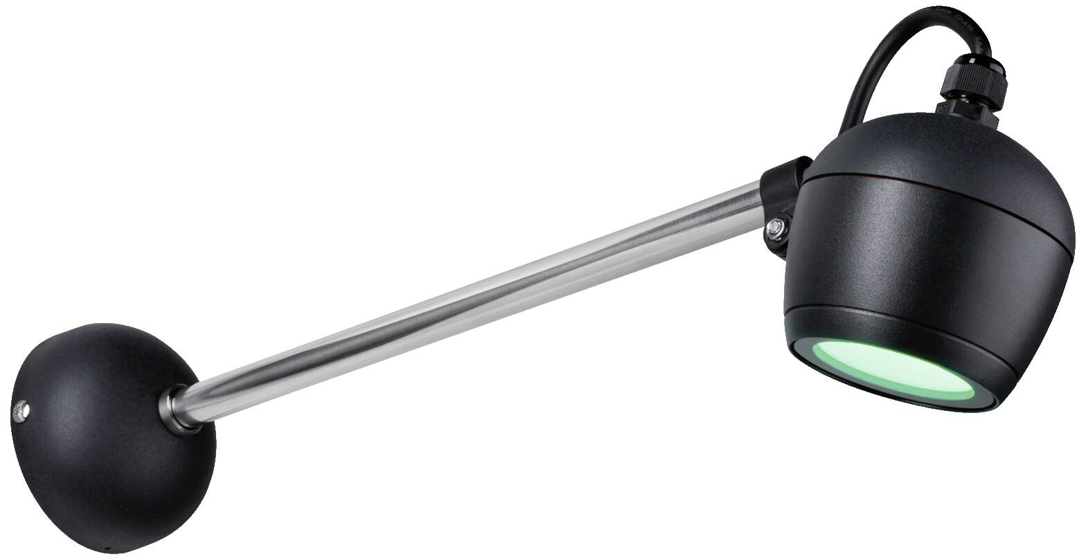 Schwarze Wandlampe mit grünem Licht, montiert an einem silbernen Arm. Moderne, industrielle Gestaltung, geeignet für Innenräume.