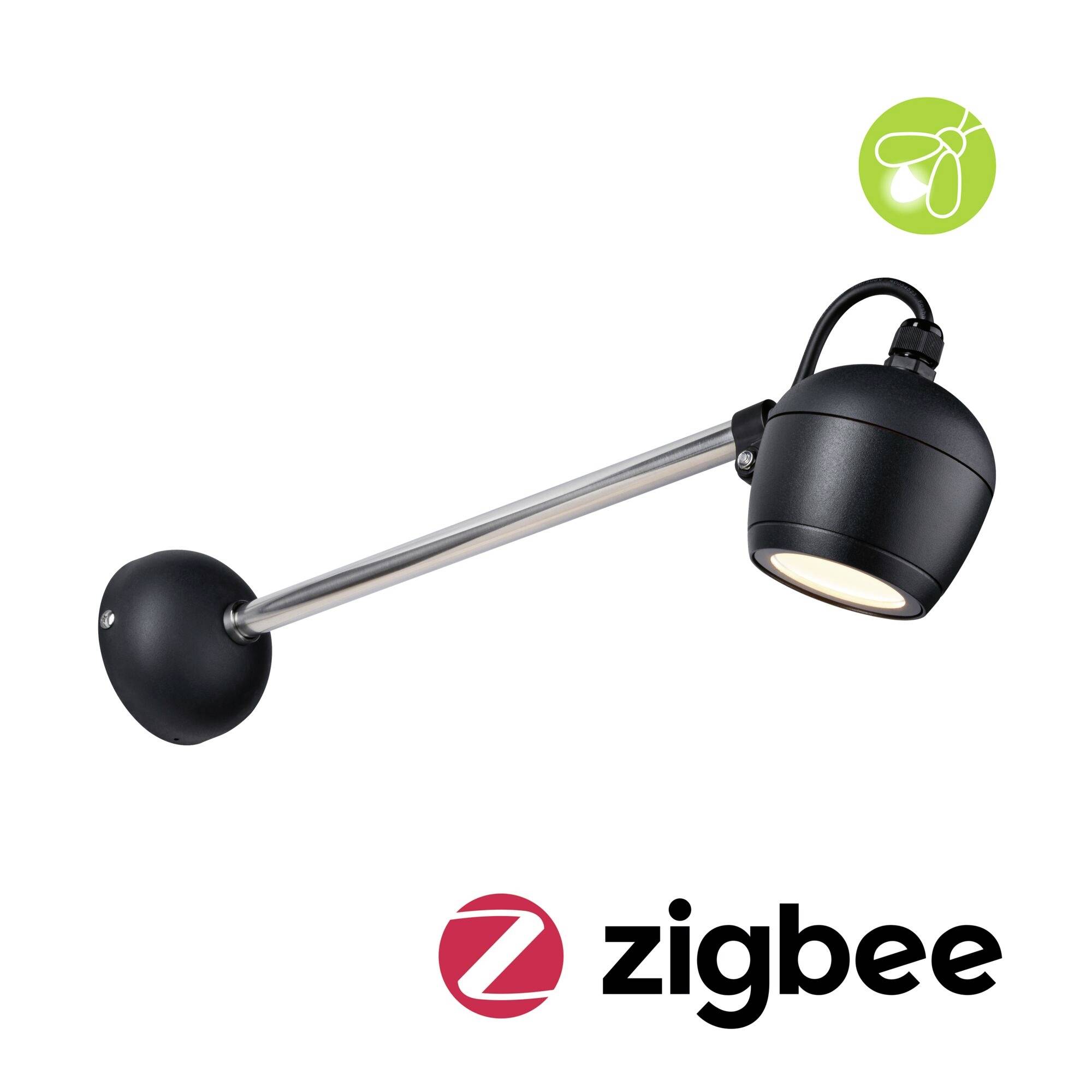 Schwarzer Wandstrahler mit Zigbee-Logo. Eine grüne Biene weist auf Energieeffizienz hin.