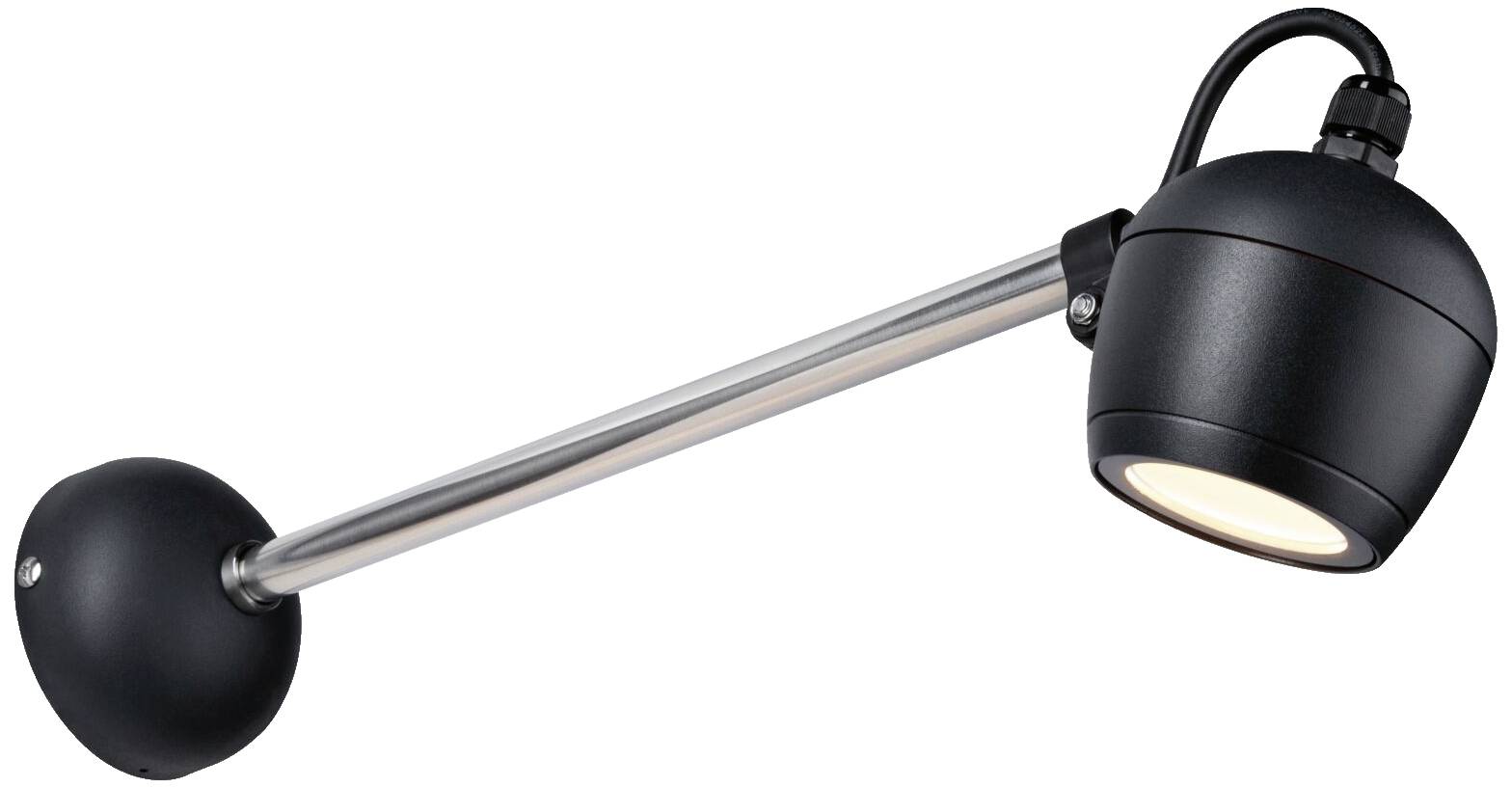 Schwarze Wandleuchte mit rundem Kopf und silbernem Arm, geeignet für moderne Innenräume.