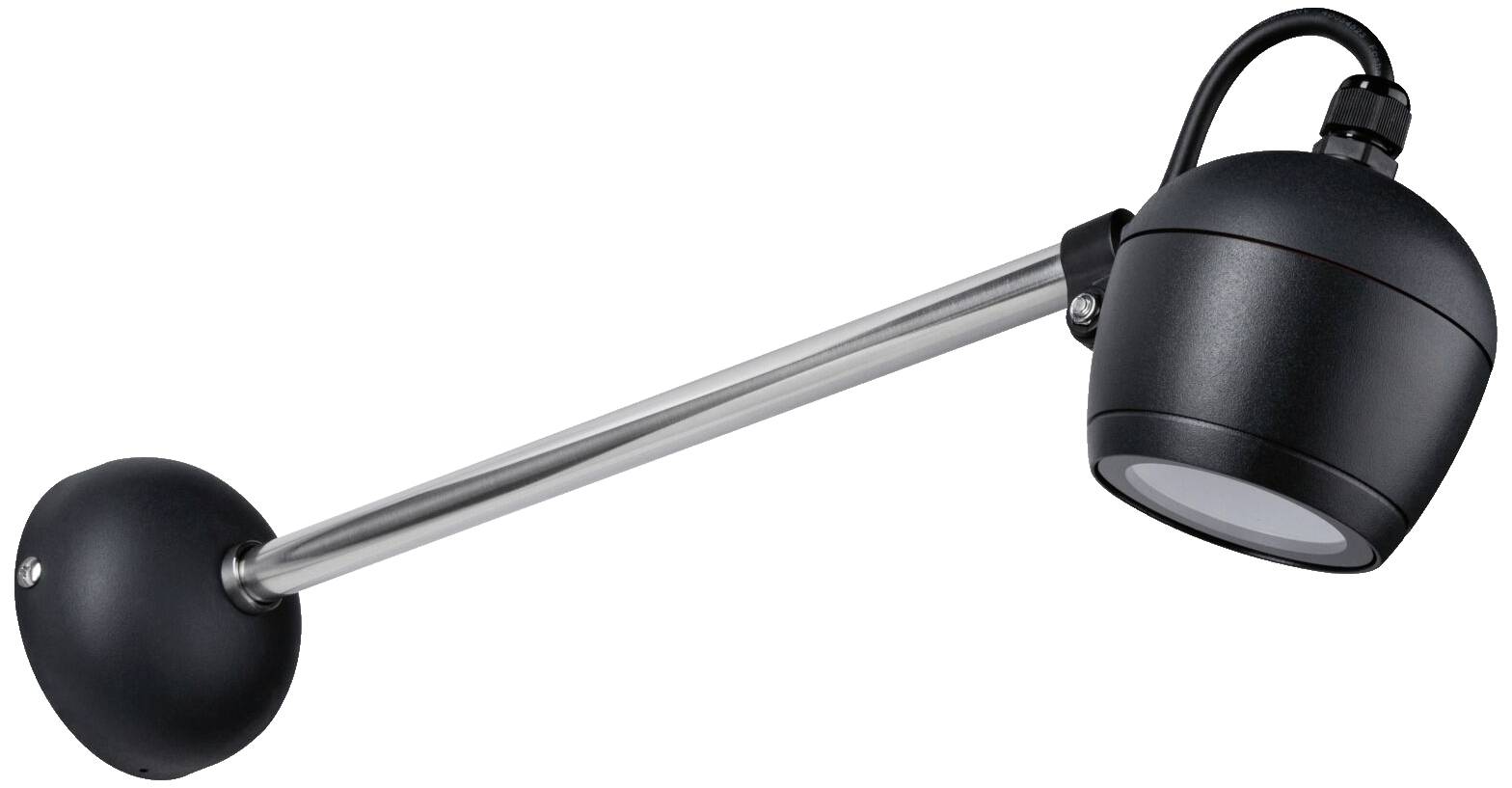 Eine schwarze Wandleuchte mit einem langen, silbernen Arm und einem runden Lampenkopf. Ideal für moderne Beleuchtung.