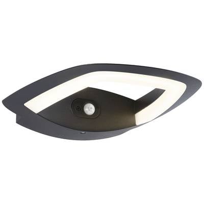 Moderne LED-Deckenleuchte mit integriertem Bewegungssensor. Ovales, schwarzes Gehäuse mit hell leuchtendem Rand.