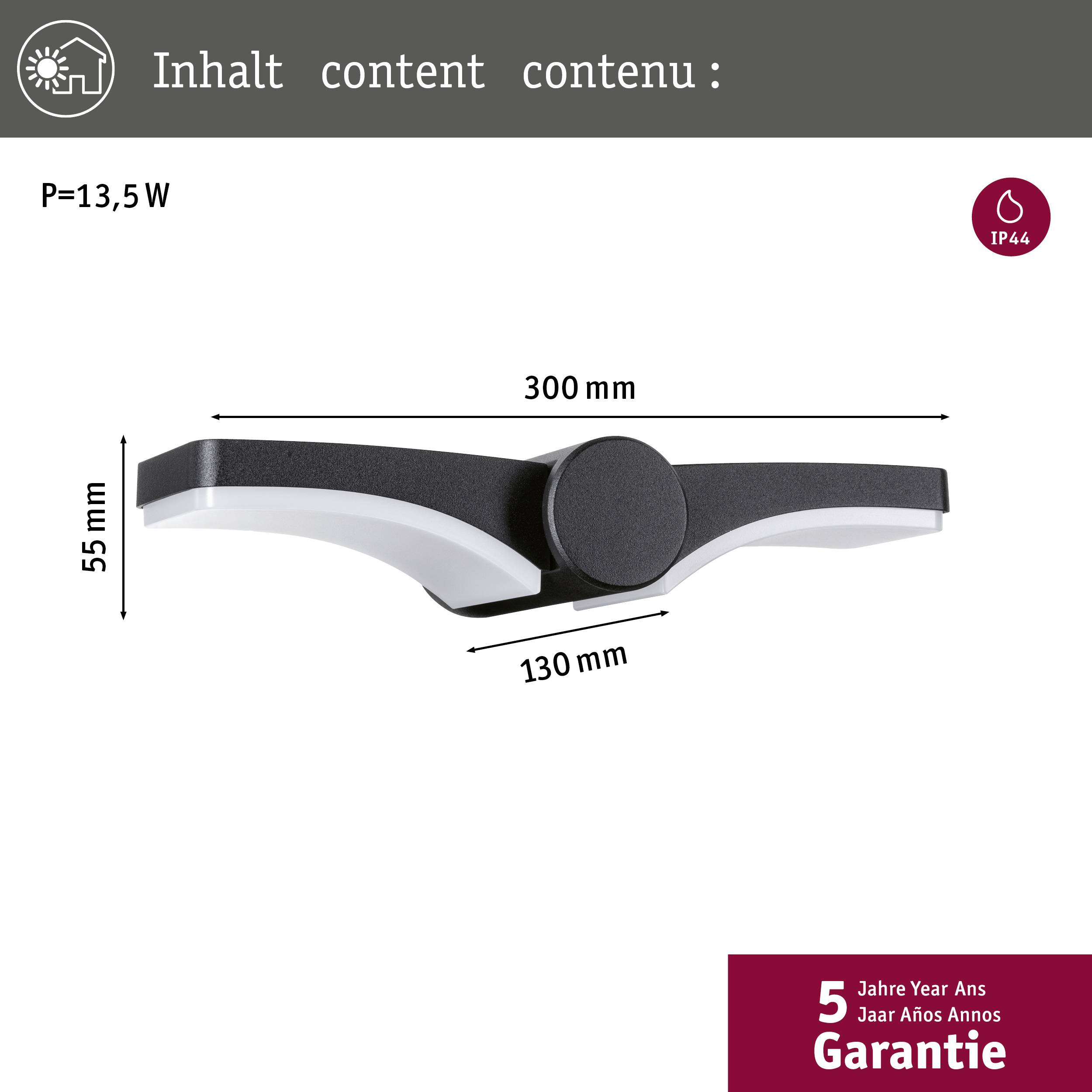 'Wandleuchte mit 13,5W Leistung, Maße: 300x55x130 mm. Geeignet für IP44, inklusive 5 Jahre Garantie.'