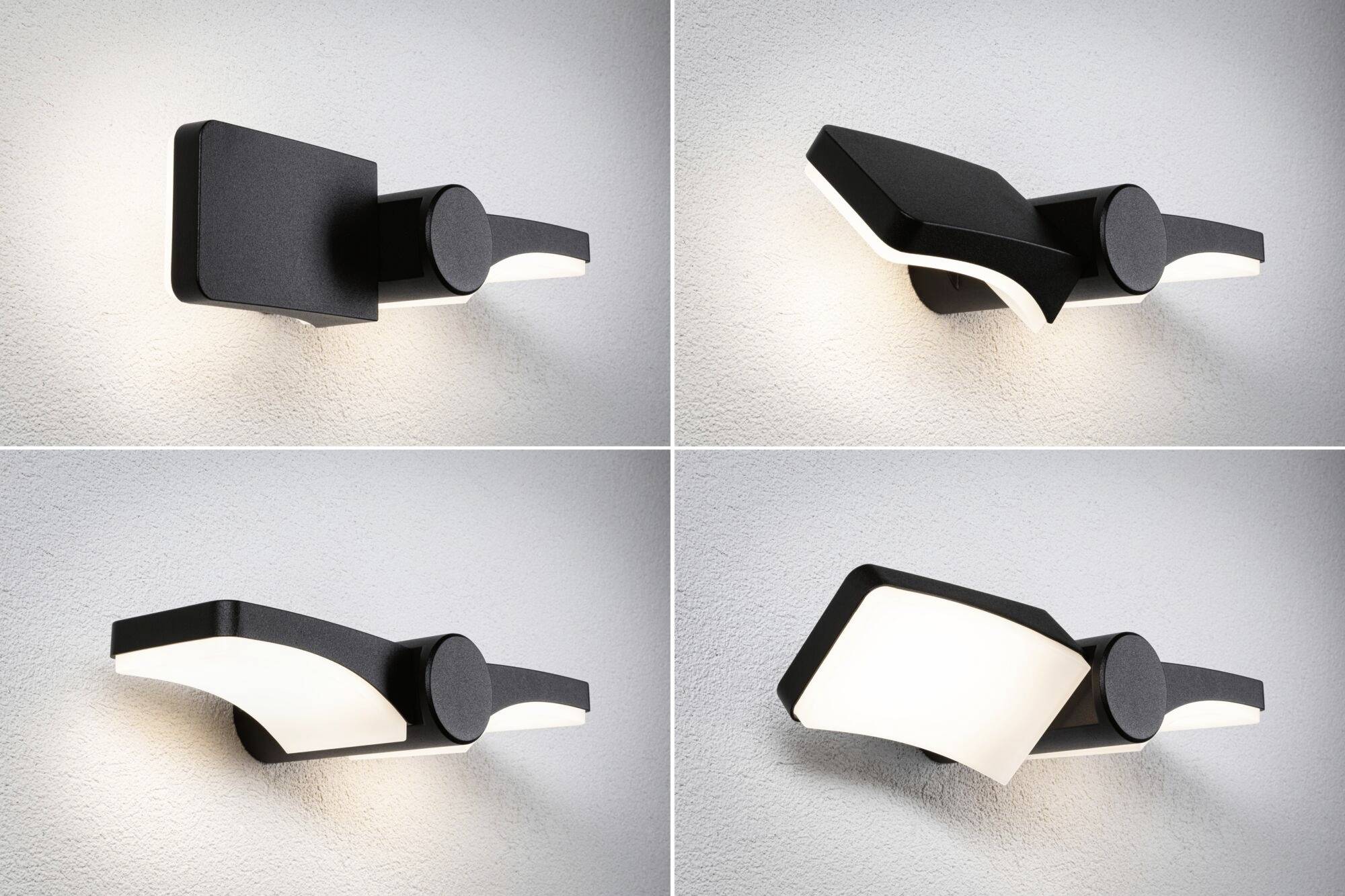 Vier moderne LED-Wandlampen in unterschiedlichen Designs, montiert auf grauer Wand. Jede Lampe hat eine minimalistische Form.