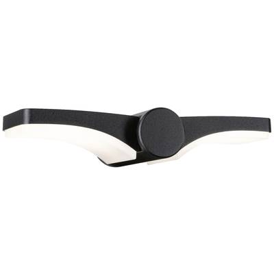 Eine moderne schwarze Wandlampe mit zwei geschwungenen Armen, die gleichmäßig weißes Licht nach oben und unten abstrahlen. Geeignet für Innenräume.