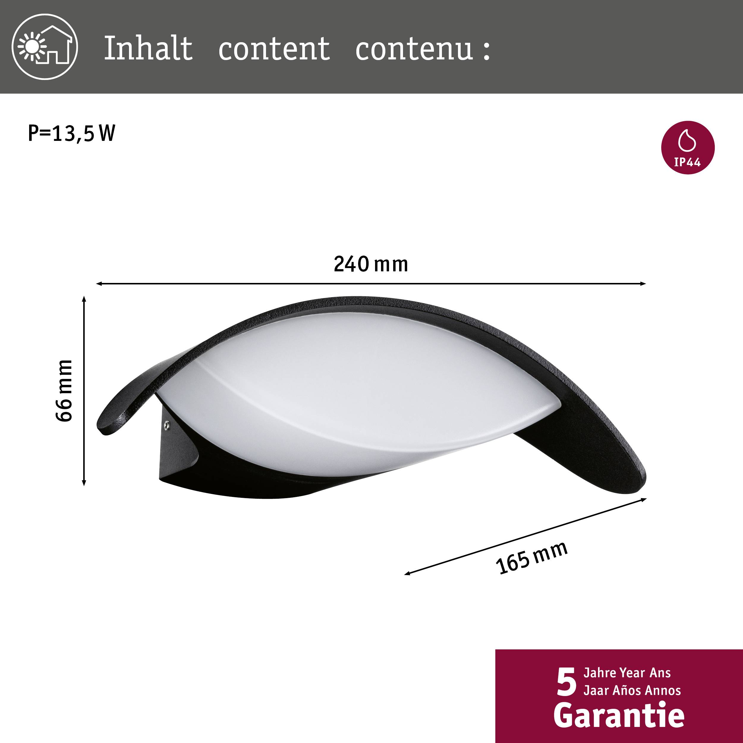 'Schwarze LED-Wandleuchte, 13,5W, IP44, Maße: 240x66x165 mm, 5 Jahre Garantie.'