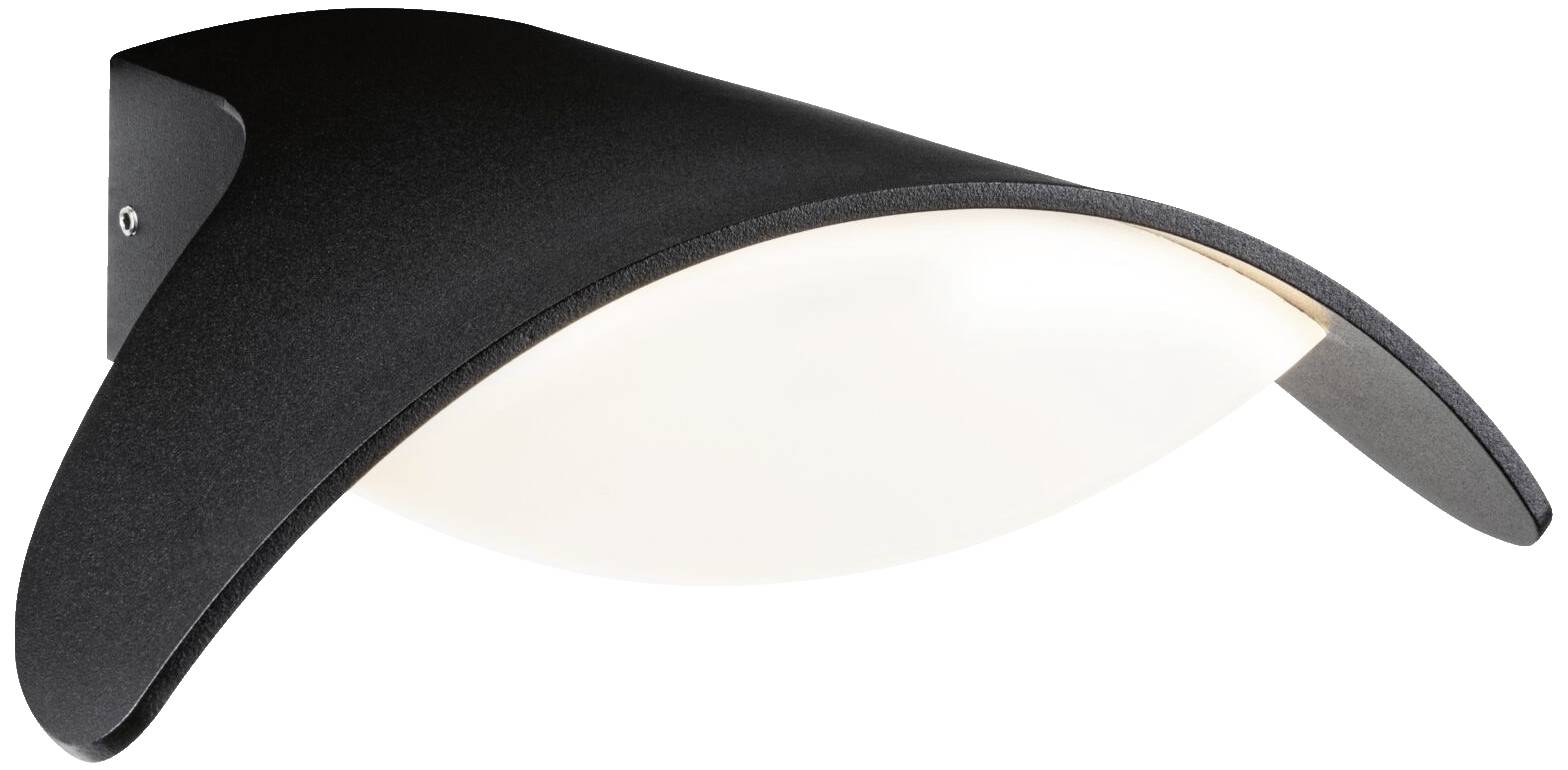 Schwarze Wandleuchte mit gebogenem Design. Bietet indirekte Beleuchtung nach unten, geeignet für moderne Innenräume.