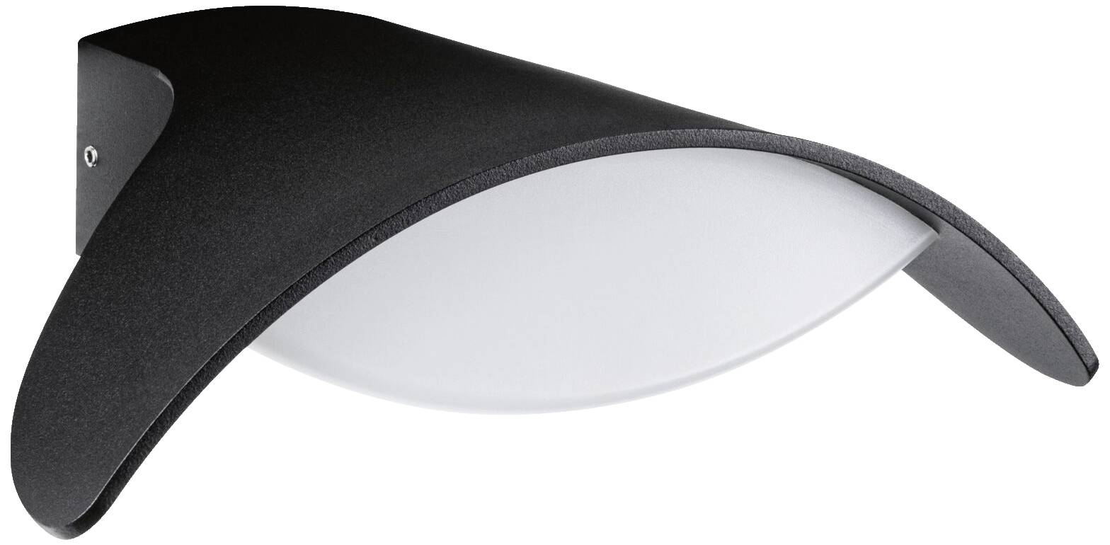Schwarze Wandleuchte mit gebogenem Design; weiße Lichtabdeckung darunter. Geeignet für moderne Innenräume.