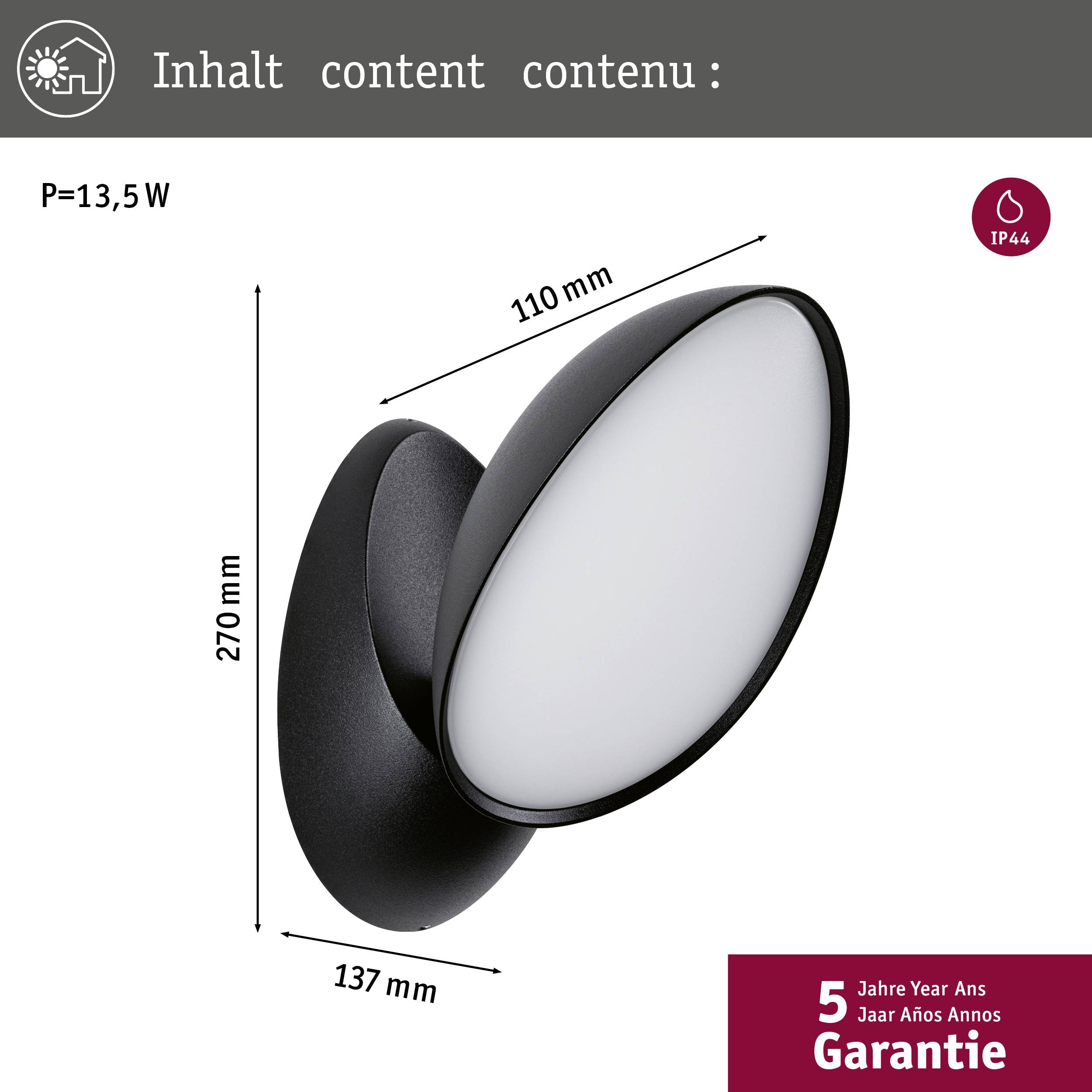 Schwarze LED-Außenleuchte, Leistung 13,5W, Schutzart IP44, Maße 110x137x270mm, 5 Jahre Garantie.