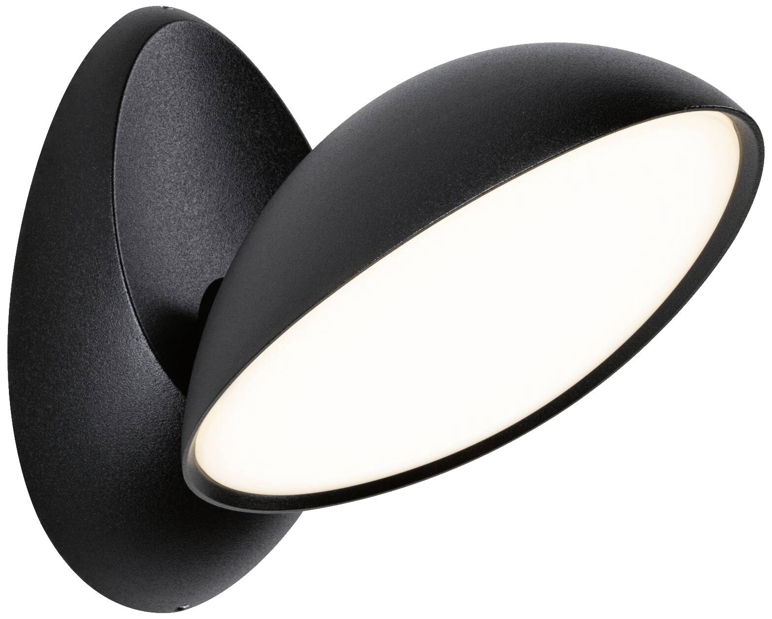 Schwarze Wandleuchte mit modernem Design, rundem Gehäuse und hellem LED-Licht. Ideal zur Akzentuierung oder Beleuchtung von Räumen.